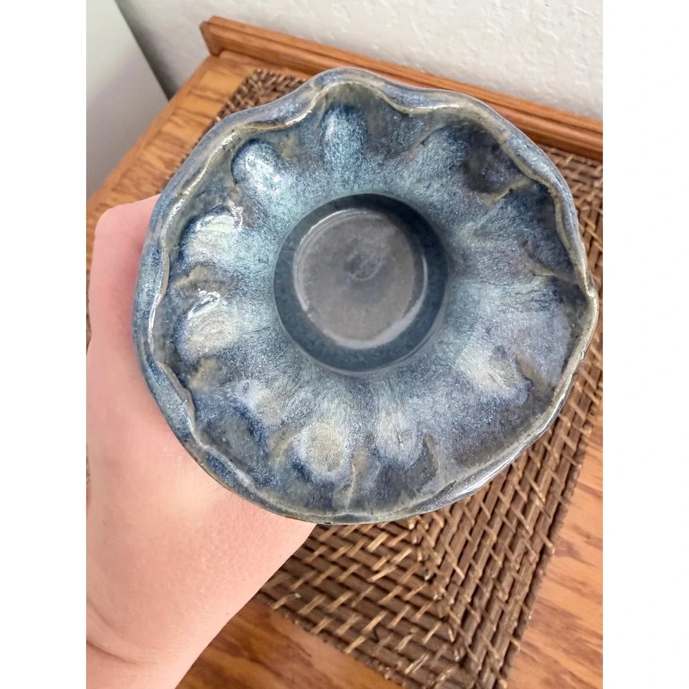 Studio Pottery Ruffled Rim Vase Blue Grey Reactive Glaze Artisan Stoneware 3.5in